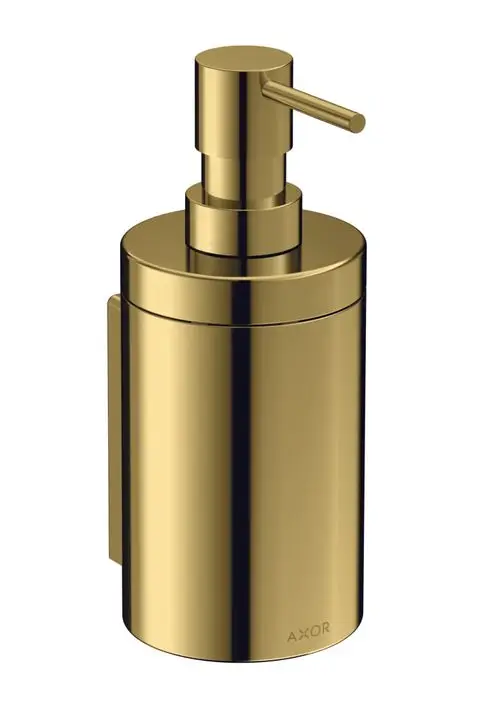 Goldfarbener Lotionenspender mit Pumpe von AXOR, designorientiert, simple Form, an der Wand montiert. Ideal für Badezimmer oder Küchen.